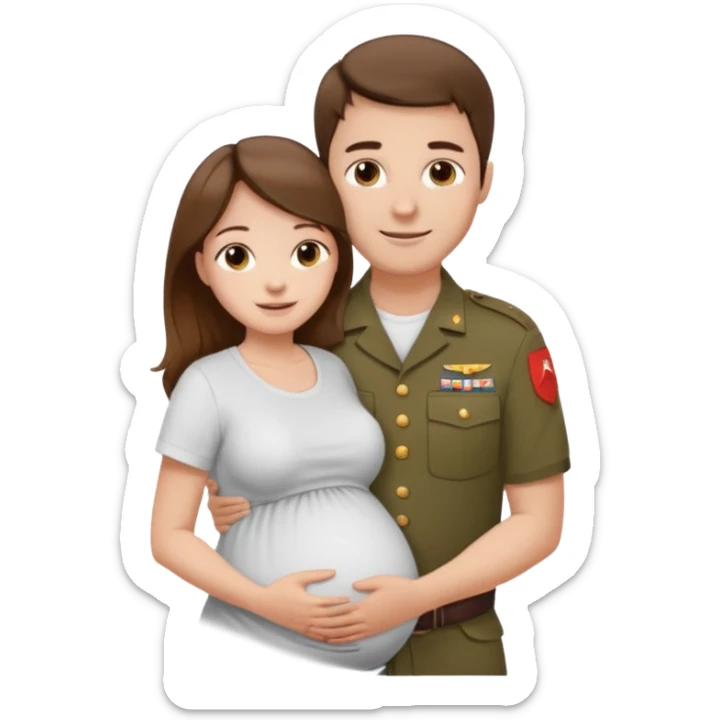 
"Pregnant woman with long brown hair and fair skin wearing a t shirt white. And man with short brown hair and fair skin (without a mustache), wearing a brown military uniform, hugging and smiling."
 sticker
