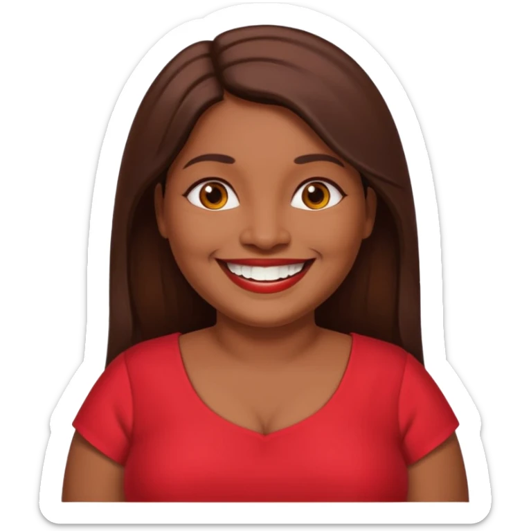 50 yr old chubby Sri Lankan woman, dark skin, straight brown hair, big smile, white teeth, red dress clothes, longer hair straight, big teeth sticker