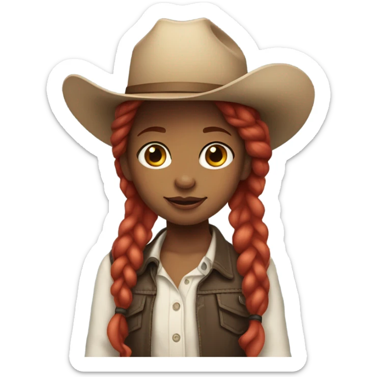 Biracial girl with long red hair in pigtails with a cowboy hat on sticker