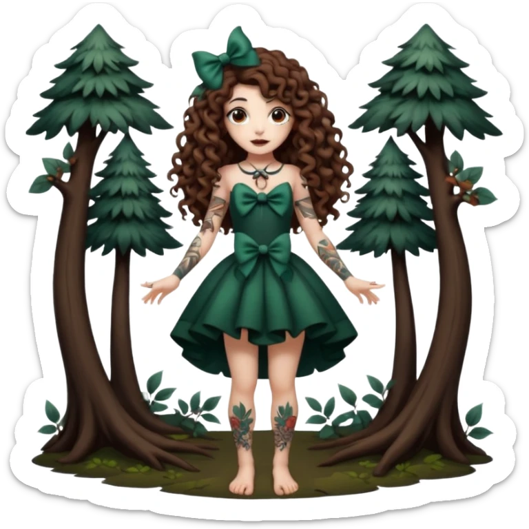 full body view of a woman with long curly brown hair, brown eyes, white skin, tattoos, playful bow like a dark forest performer sticker