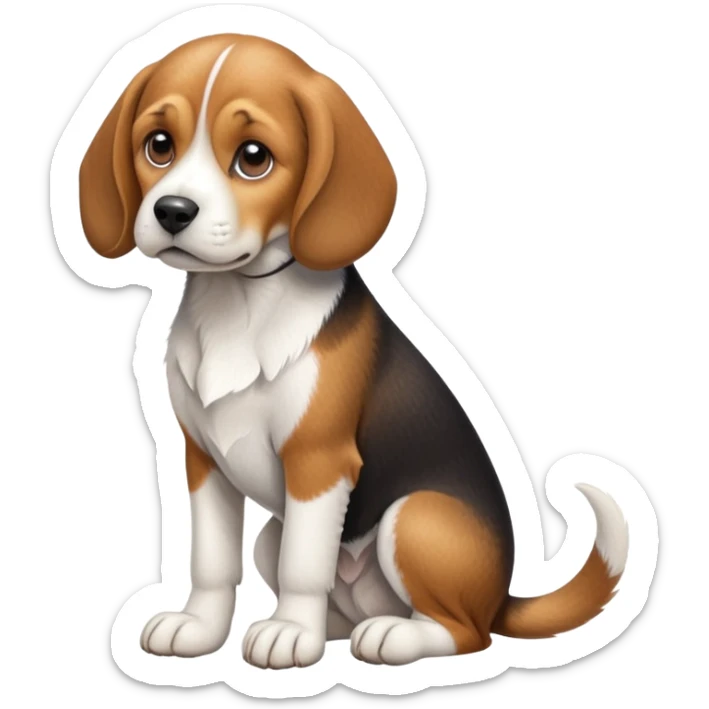 cinematic-[beagle dog]-realistic-full-body-sitting-emoji,-tail-resting-loosely-beside-its-paws,-head-tilted-dramatically,-scruffy-[beagle]-fur,-simplified-yet-realistic-focused-features,-highly-detailed,-glowing-with-an-almost-sarcastic-glow sticker