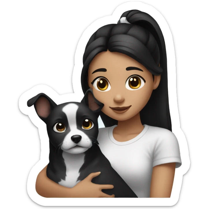 black hair girl cuddling a black and white dog with a high ponytail sticker