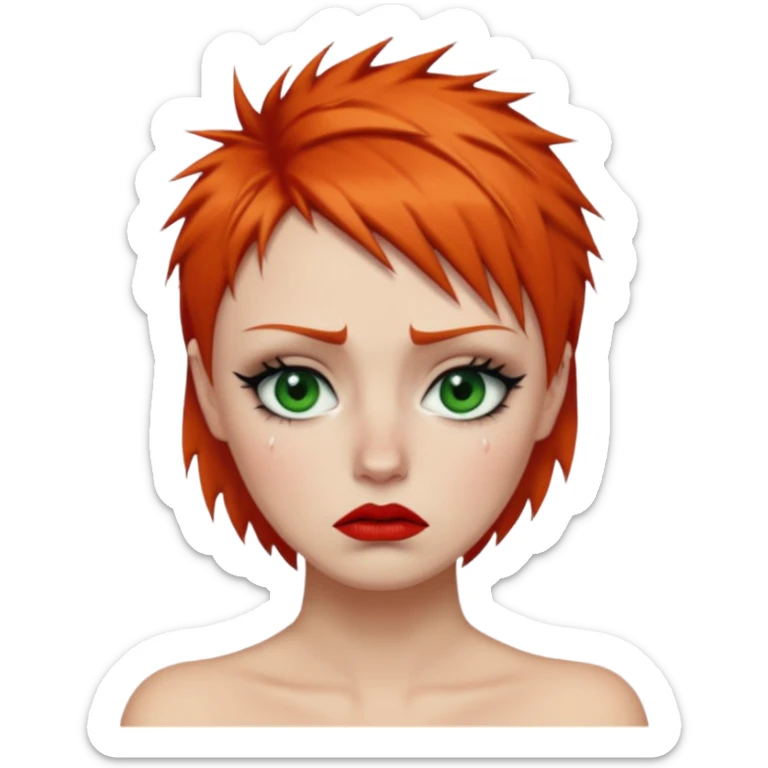 Short spikey Ginger hair, green eyes, black long eye lashes large red lips White woman lcrying sticker