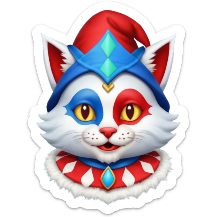 crazy colorful cute little cat jolly joker from poker, medieval, vintage, court jester, mac os icon, blue and red color, half body sticker