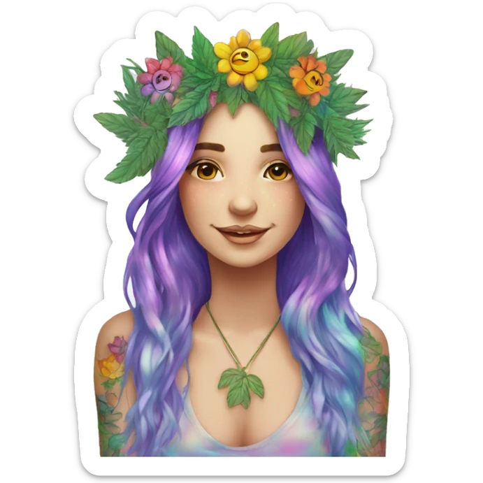 420 Tie dye hippie person flower crown tattoos hemp leaves metallic iridescent holographic sticker
