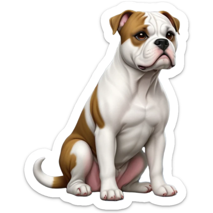 cinematic-[american bulldog]-realistic-full-body-sitting-emoji,-tail-resting-loosely-beside-its-paws,-head-tilted-dramatically,-sleek-[pied black]-fur,-simplified-yet-realistic-focused-features,-highly-detailed,-glowing-with-an-almost-sarcastic-glow sticker