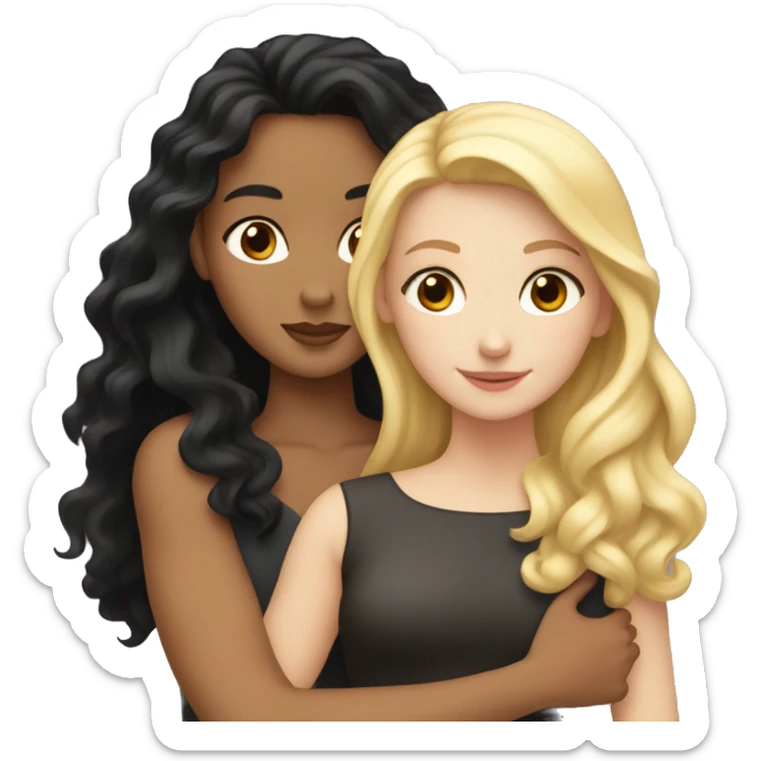 A white girl with blonde hair hugging a girl with tan skin and black wavy hair  sticker