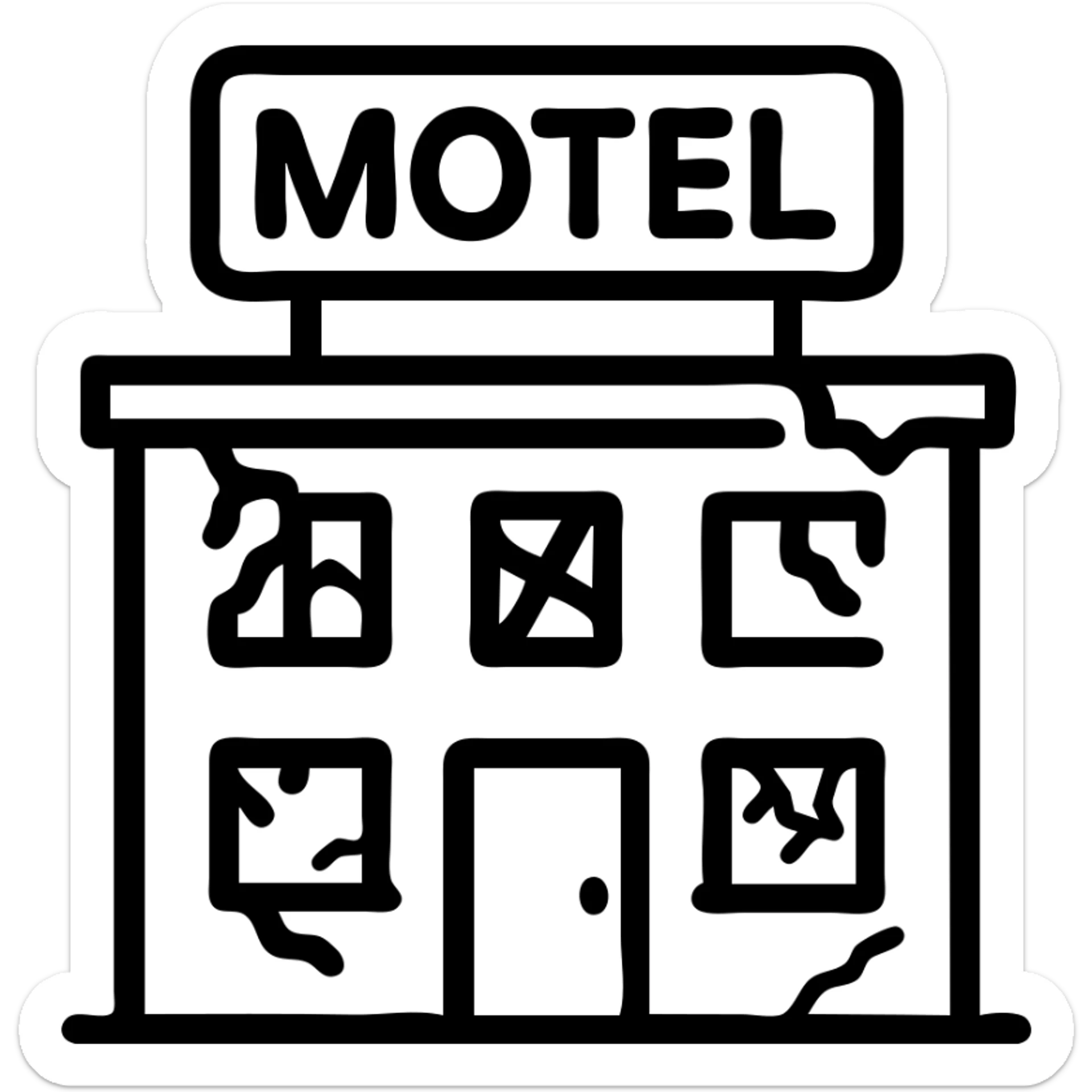 minimalist icon for Airbnb, run down motel inspiration, simple outline of motel with broken windows or peeling paint, Airbnb category icon style, no text sticker