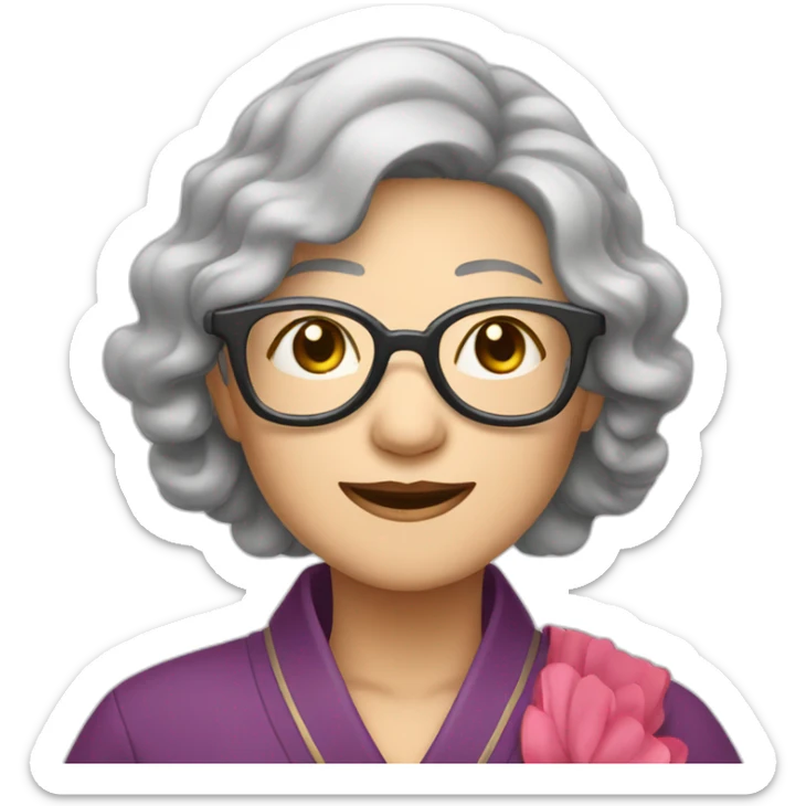 Chinese senior lady wear glasses has wavy long hair show love sign sticker