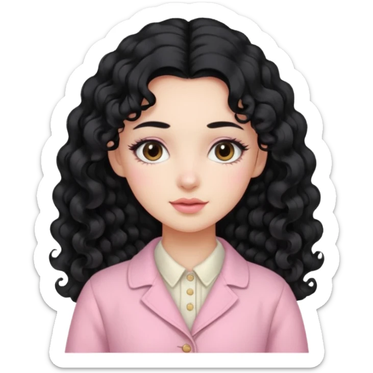 Girl with long curly black hair and vintage pastel pink clothing. sticker