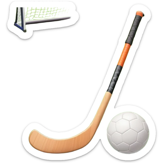A field hockey stick and ball on a vibrant green grass field, with goalposts and clear field markings in the background. The scene emphasizes the bright, lush grass, highlighting the fast-paced and strategic nature of hockey on a well-maintained pitch. sticker
