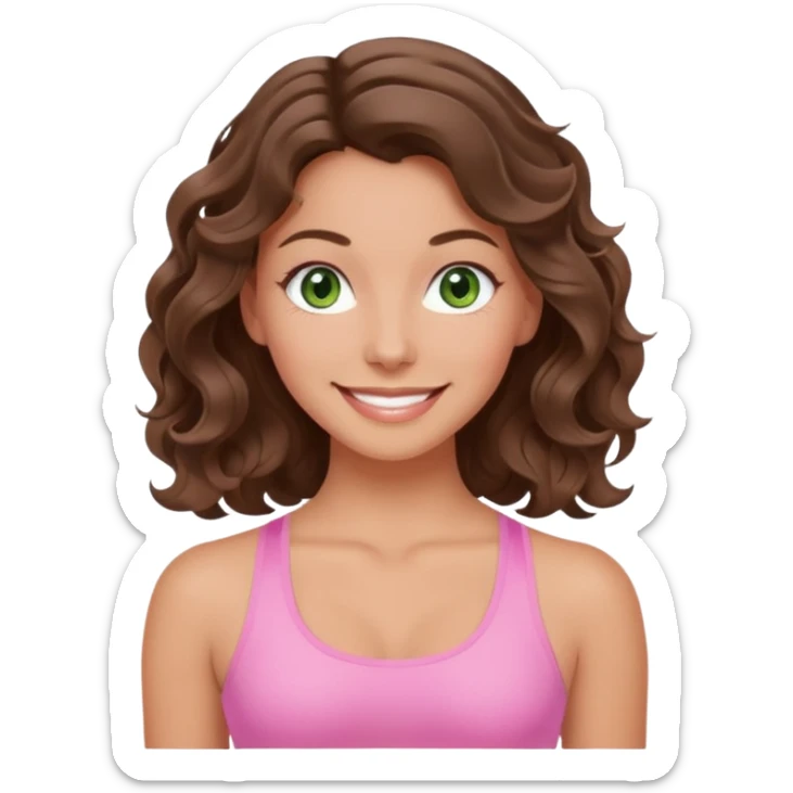 White, green-eyed, brunette cute feminine lady emoji with wavy hair doing pilates wearing pink pilates fit sticker