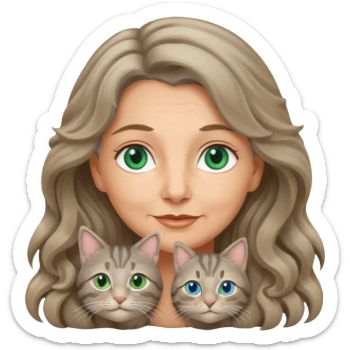 gray tabby cat cozy with beautiful 50 yr old woman long dark blonde wavy hair blue green eyes  sticker