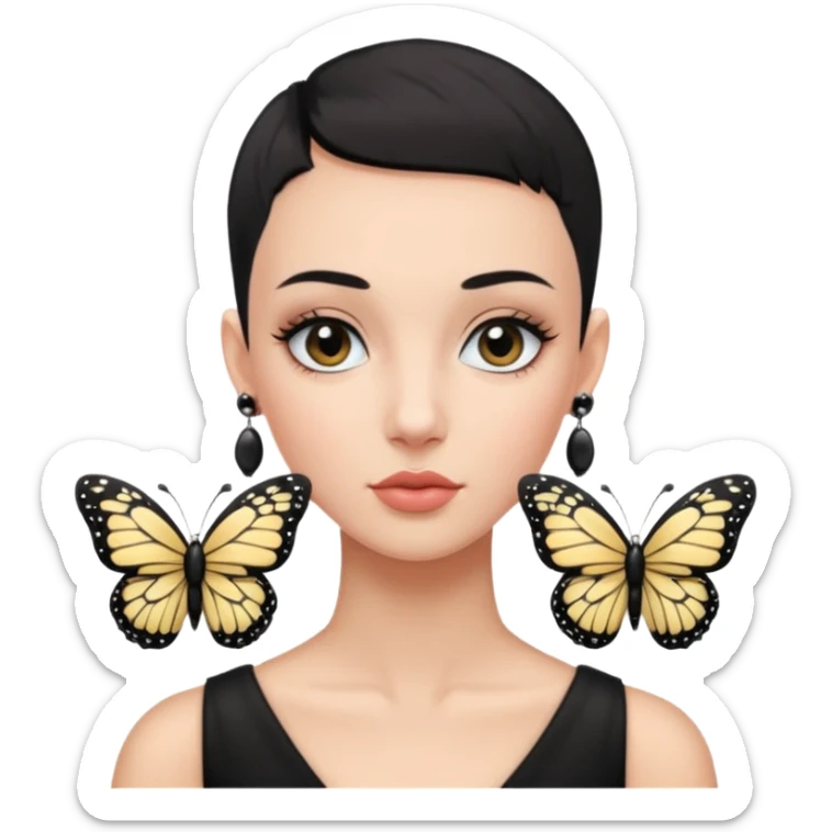 Lady with black buzz cut hair and lashes wearing 4 black earrings holding white butterfly sticker
