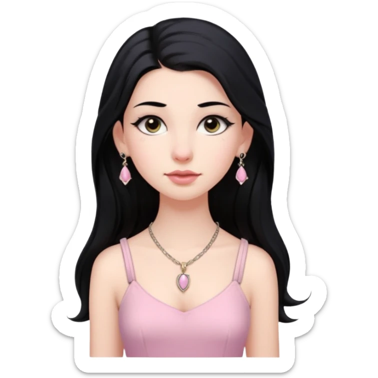 Menina branca ,cabelos longos cor preta , olhos cor preta puxados para cima. Cílios longos, lábios grossos ,nariz pequeno.vestido rosa claro de alça. Jovem de 16 anos .colar e brinco vivara sticker