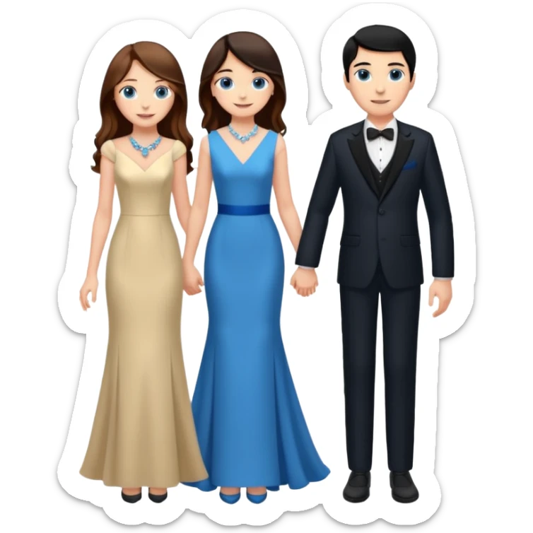 full-length happy couple, girl with long chestnut hair and blue eyes in formal gown, boy with black hair in suit sticker