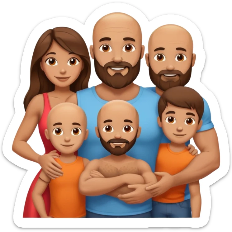 Happy Muscular Bald beard man and his hot wife with long brown hair and 3 sons sticker