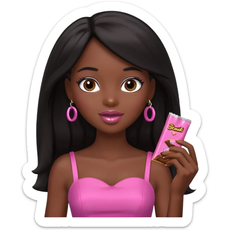 Black barbie, long black  hair, pink dress eating chocalate bar sticker