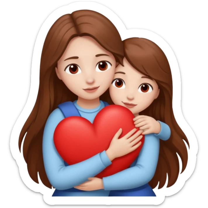 White bishon in hug with girl with long brown hair and red heart between them sticker