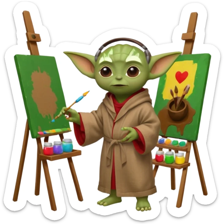 Baby Yoda in his brown linen robe with headphones in his ears, painting a picture on an easel and surrounded by paint pots. sticker