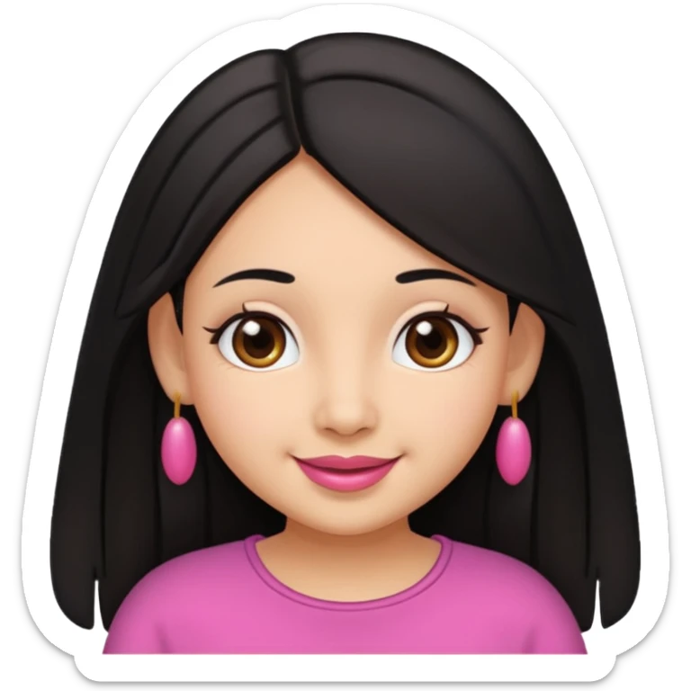 Gordita, ojos pequeños de color cafe oscuro, labios pequeños y rosados, piel trigueña, orejas pequeñas, cabello largo lazio y negro. sticker