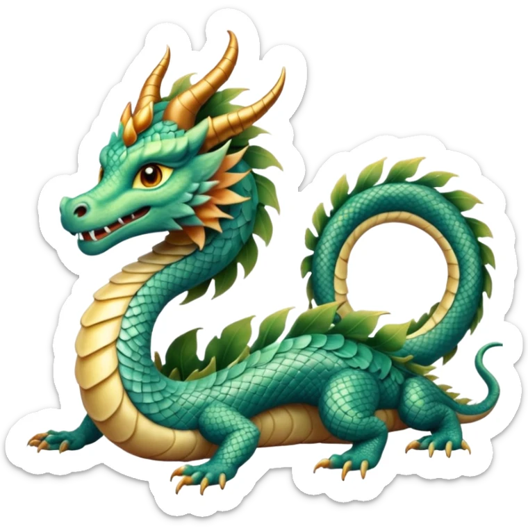  serpent dragon. Slim, serpentine body with smooth scales in soft blues and greens. Fluffy leaf plumes replace the tail fins, and a terracotta crown-like crest adorns its head. Gentle amber eyes. it should be similar to traditional chinese dragons. sticker