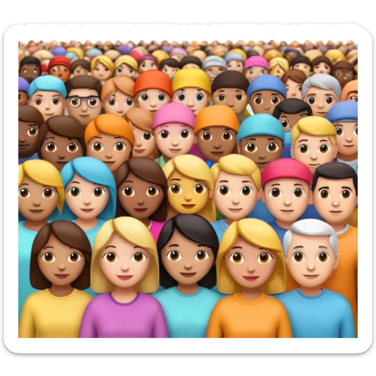 3D iPhone style emoji of a crowd of people, diverse individuals standing close together, colorful clothing, isolated on white background, soft shadows, high detail, playful and cute. sticker
