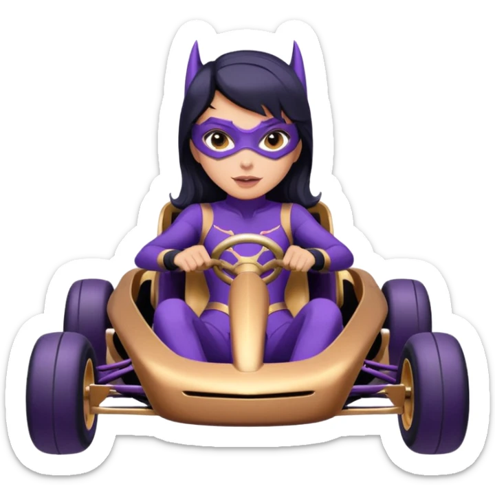 Hot full size real-appearance racing action BatGirl’s Lego feminine midnight-purple tight outfit sixty’s tv show 1992 stealthy retro sporty safe plush petite off-road pursuit hovering hover cruiser car rose gold accents (black hair,reclined and relaxed seating position) go kart  sticker