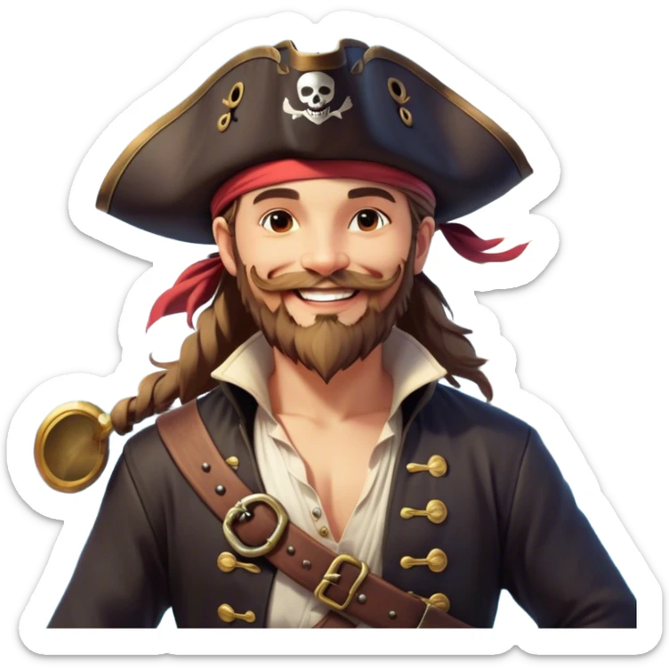 Clash of Clans aesthetic Cheerful Pirate Portrait Emoji, With a bright, confident smile and a relaxed yet adventurous posture, showcasing a stylized, rugged build with a classic pirate hat and a neatly groomed beard, his face in natural skin tone, Simplified yet expressive features, highly detailed, glowing with a soft, luminous maritime radiance, high shine, upbeat and daring, stylized with an air of classic swashbuckler allure, soft glowing outline, capturing the essence of a cheerful pirate ready to chart epic voyages! sticker