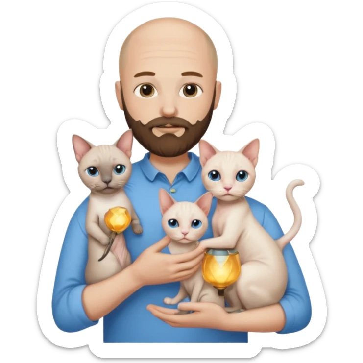 A couple, a man and a woman. The man, who is bald with a beard and wearing a blue shirt, is holding a Siamese cat in his arms. The woman, who has light hair and is wearing a white dress, is holding a white Sphynx cat in her arms sticker