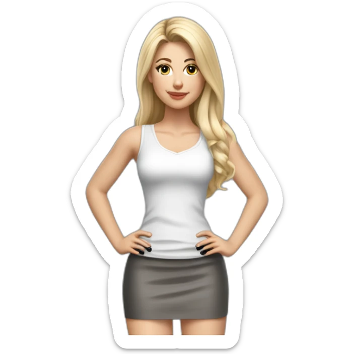hyperrealistic caucasian long blonde haired brown eyed woman white low cut tank top gray tight mini skirt black high heels full body neutral pose sticker