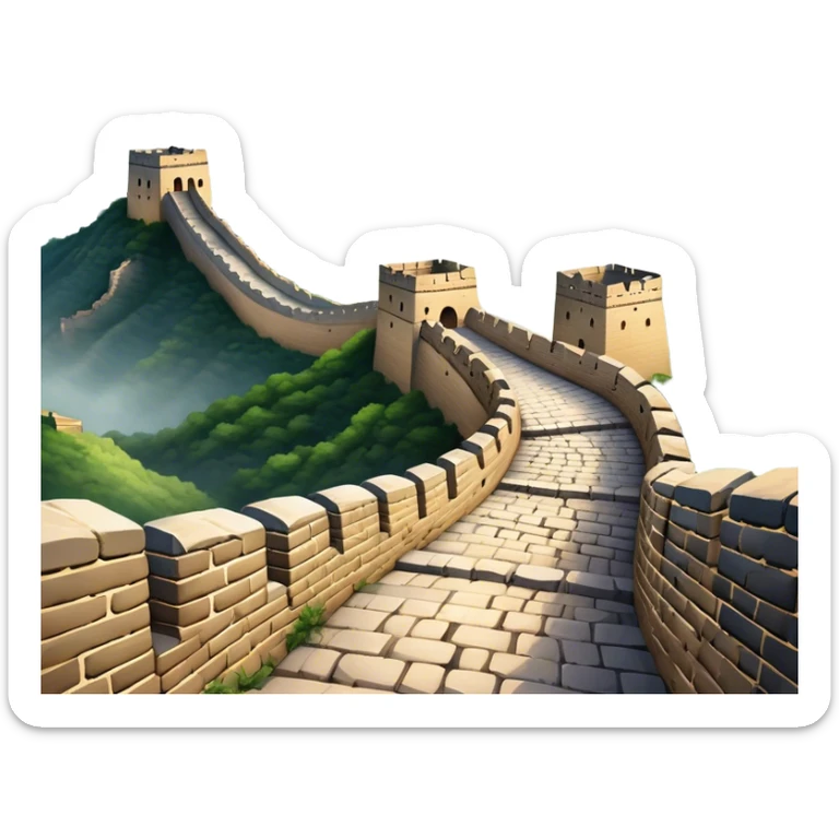 Cinematic Realistic Great Wall of China Landmark Emoji, depicted with ancient stone pathways winding over rugged mountains, watchtowers punctuating the misty landscape, and soft golden sunlight casting dramatic shadows. sticker