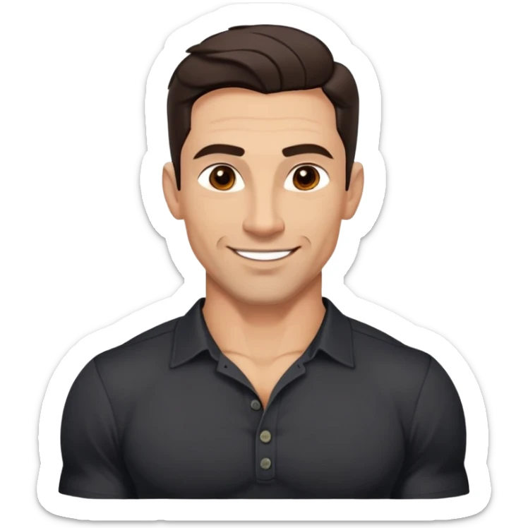 Very fit muscular 40-year-old with youthful looks, light brown skin, elongated face, strong defined jawline, charming confident smile, medium dark eyes, arched eyebrows, straight nose, buff physique, medium wavy dark hair, wearing a slightly tight black button-up shirt sticker