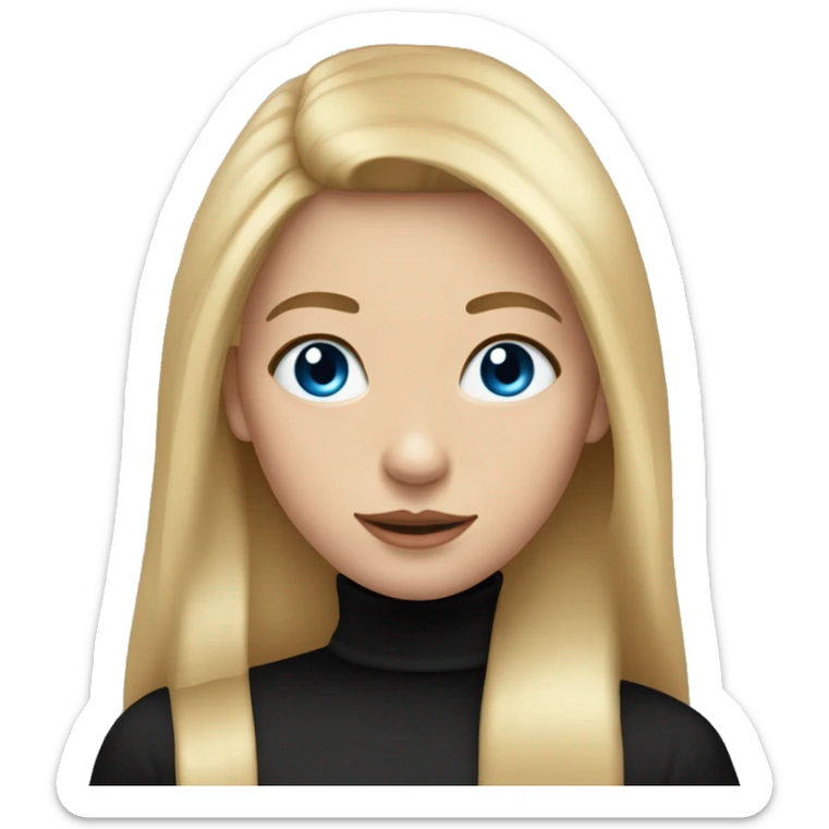 A blonde girl with long straight hair and blue eyes and black bows on her head and wearing a black turtleneck sticker