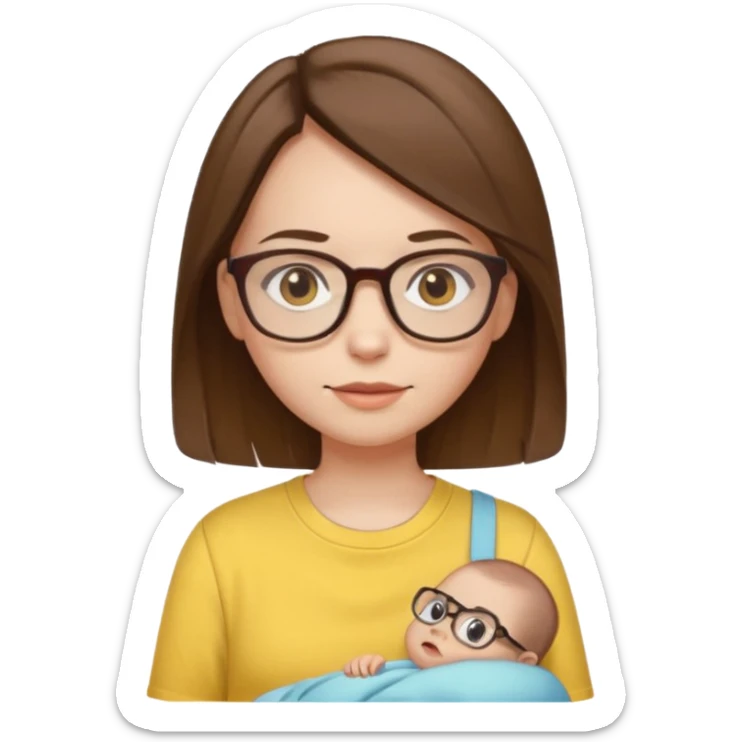 female with white skin. Shoulder length straight brown hair. Brown eyes with glasses. Female wearing baby yellow shirt. sticker