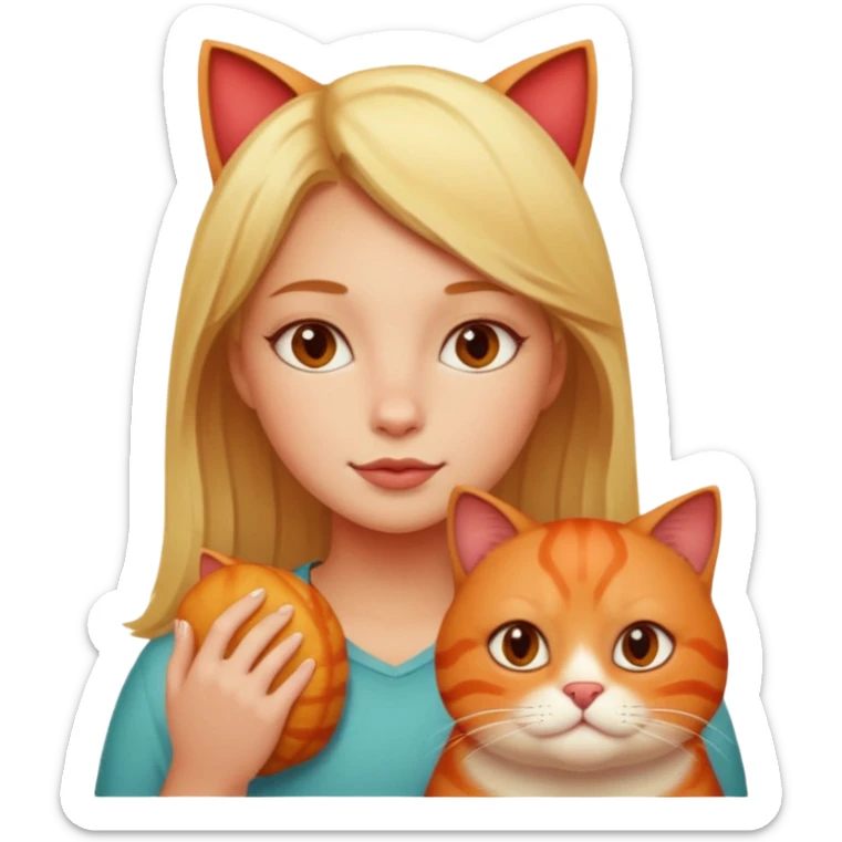realistic portrait of blonde girl with fat red cat sticker