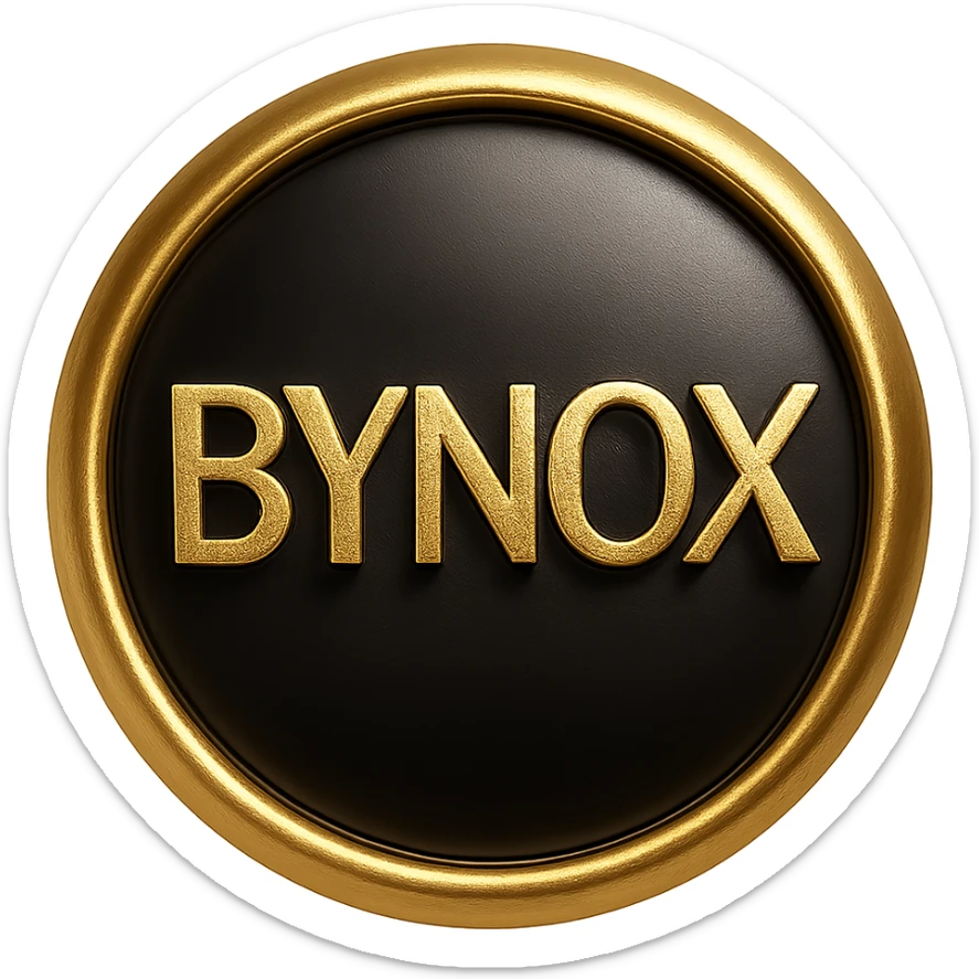 gold and black luxury-themed emoji with the text 'BYNOX' in the center, shiny metallic style, elegant design, premium vibe, 3D effect, dark background, stylish typography, minimal but powerful, try a different font, suitable for use in Telegram as a custom emoji, no background sticker