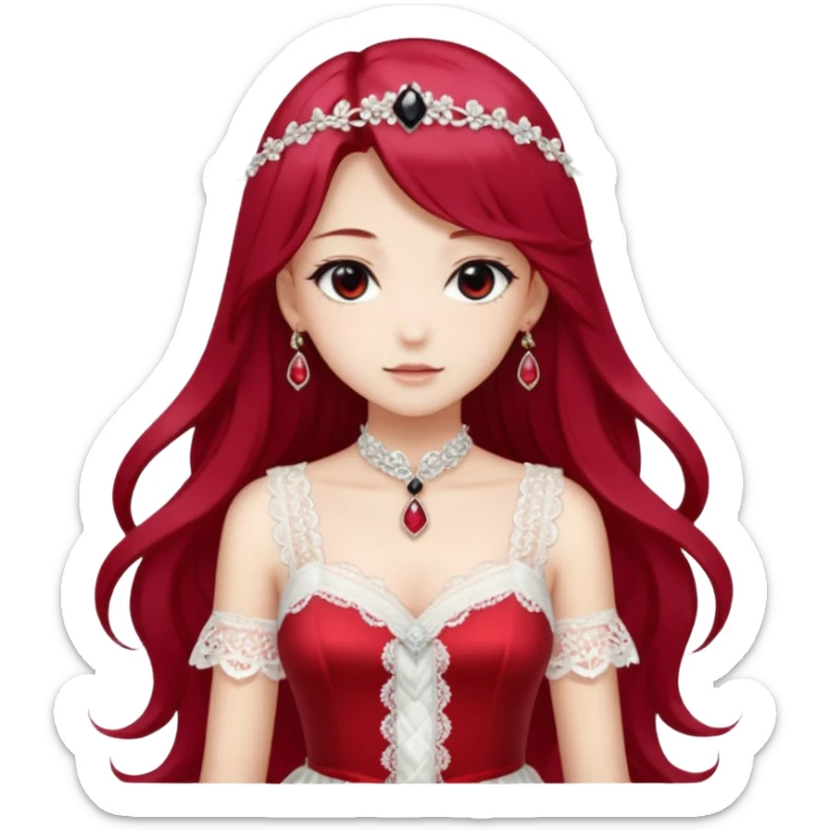 Beautiful shiny Gorgeous Anime Lady with long hair with a beautiful white silky lace dress and rubies and onyx gems  sticker