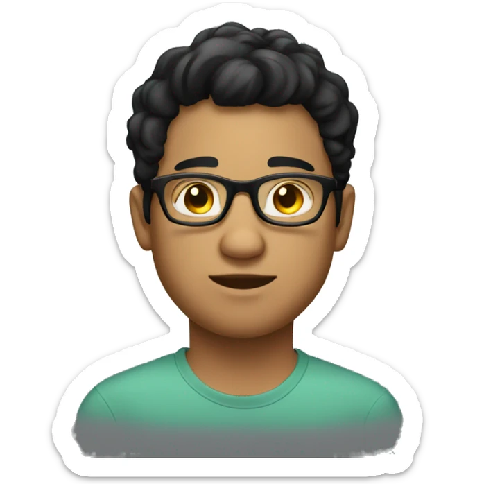 a young man with a fatter face, fair skin, black hair and glasses sticker