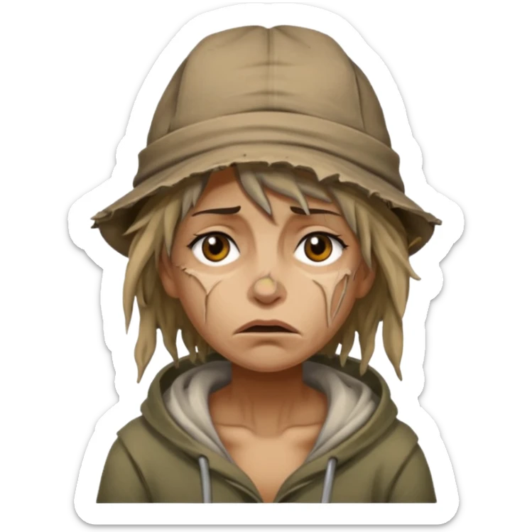 very dirty looking homeless woman with ripped hat with ugly hair sticker