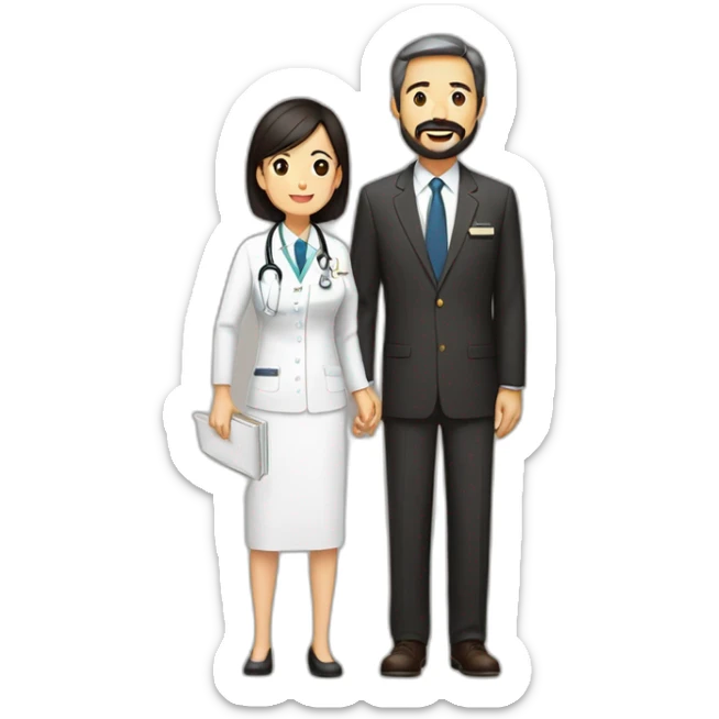 husband american age 64 dark brown hair trimmed beard wearing business suit holding bible, wife asian age 64 black shoulder length hair wearing nurse uniform, no children sticker