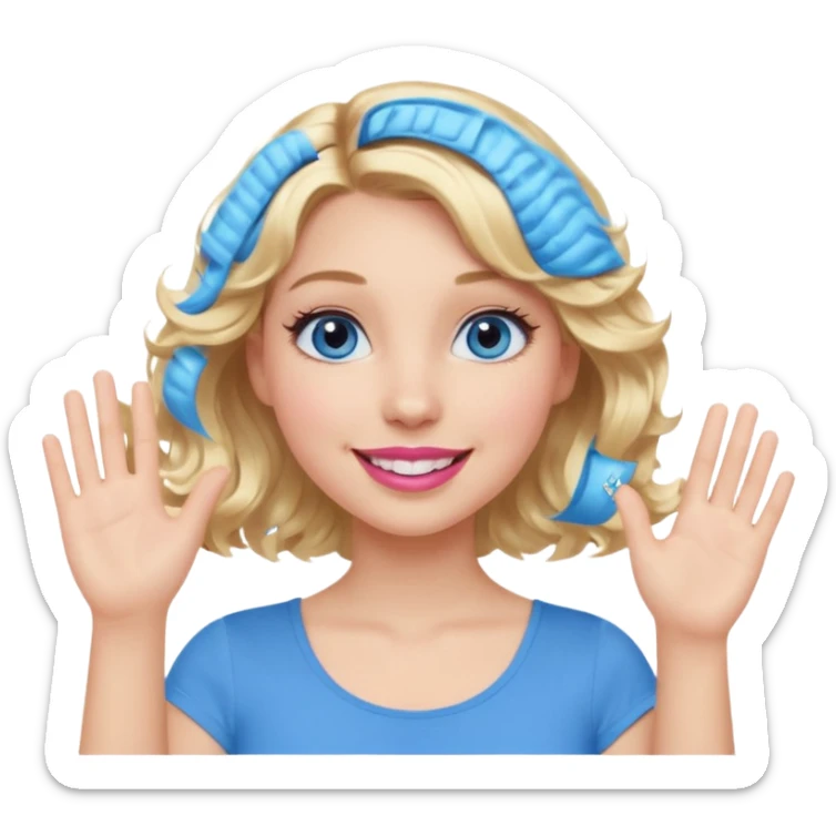 Girl Blonde short wavy hair,  blue eyes, cute blue top, long lashes, pink lips, smiling, hand in the air sticker