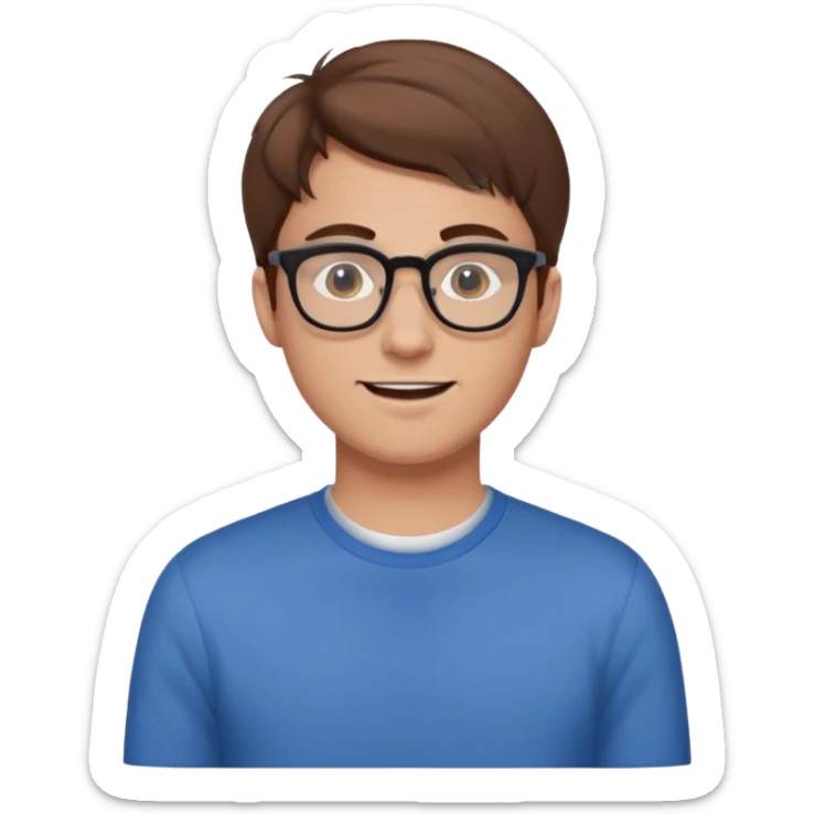 a man in his early 20s wearing glasses for a tech company, extroverted, brown hair sticker