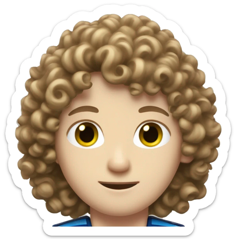 curly brown haired F1 driver with pale skin and green eyes and blue uniform sticker