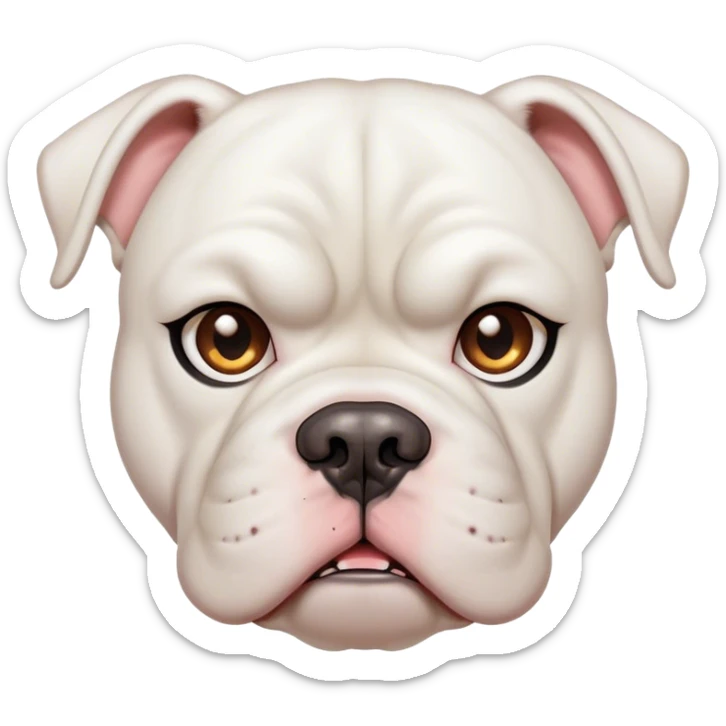 Cinematic Meme-Worthy Grumpy White American Bulldog Portrait Emoji, Head held high but eyes filled with dramatic disappointment, smooth white fur with a furrowed brow forming an unmistakable scowl, floppy ears slightly angled back in disapproval, piercing brown eyes glaring with pure exasperation, Simplified yet hilariously over-exaggerated features, highly detailed, glowing with an aura of supreme annoyance, high shine, exhausted yet judgmental, stylized with an almost regal pettiness, bright but brooding, soft glowing outline, capturing the essence of a pup that has seen it all and is thoroughly unimpressed, so meme-worthy it feels like it could instantly become the next viral sensation of grumpiness! sticker