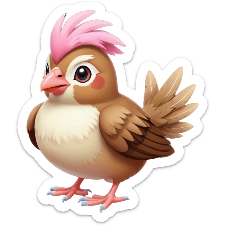pidgey, small brown bird with cream face and underbelly, pink feet, short beak sticker