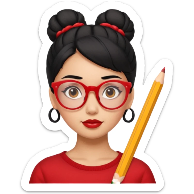 Morena girl with black hair in a pencil that creates a high bun hairstyle. She has red glasses sticker