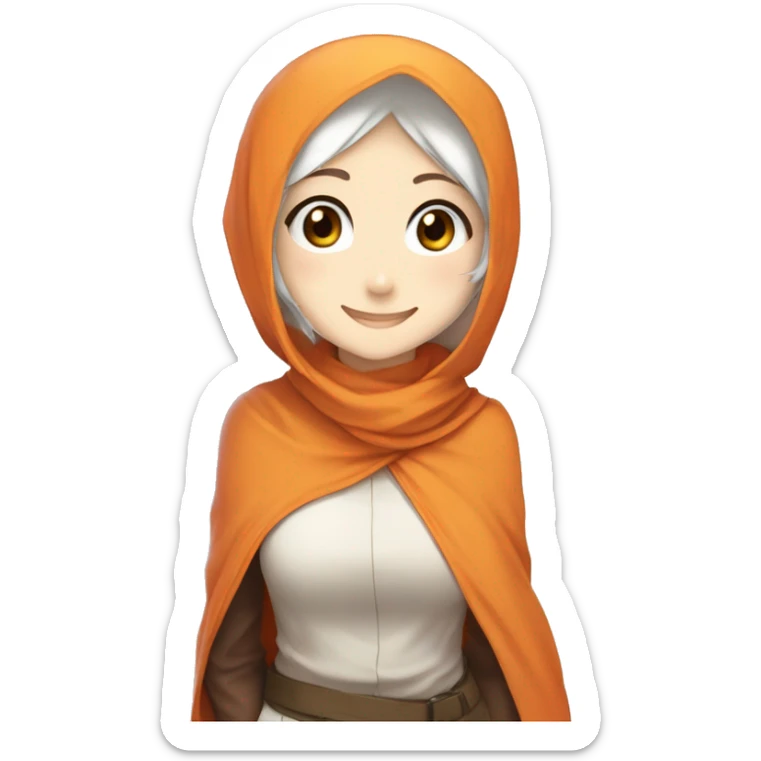 anime girl hijab gummy smile sweet white skinned peanime female adventurer in orange clothes half waveing hand sticker