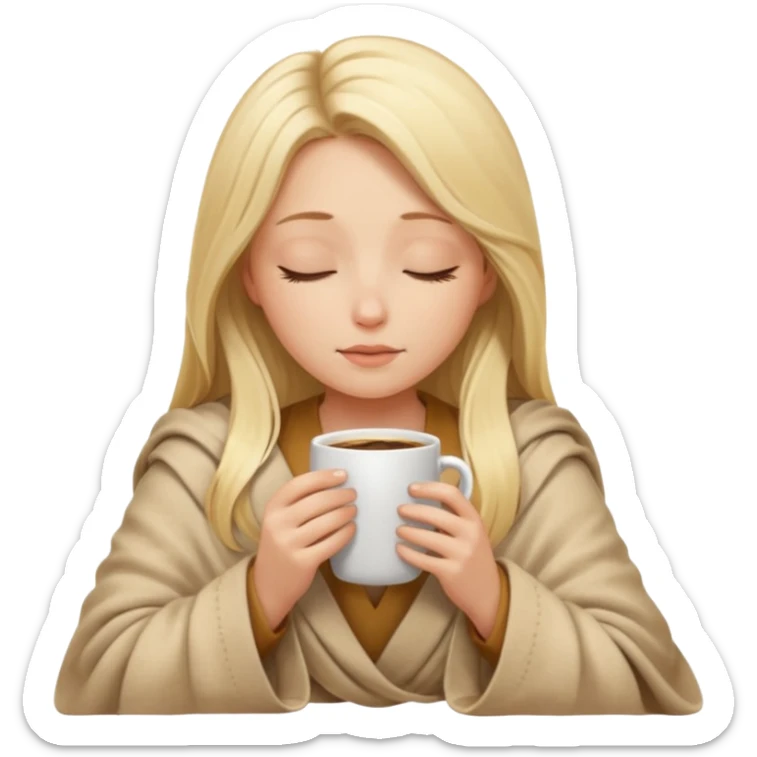 Blonde girl long hair inside a beige blanket sipping coffee eyes closed sticker
