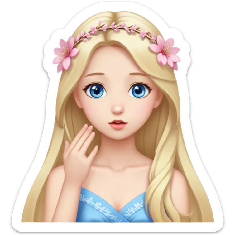 Girl with long blond hair and sakura accessories on her hair with a long dress and have blue eyes beautiful finish and she sending lovely kisses  sticker